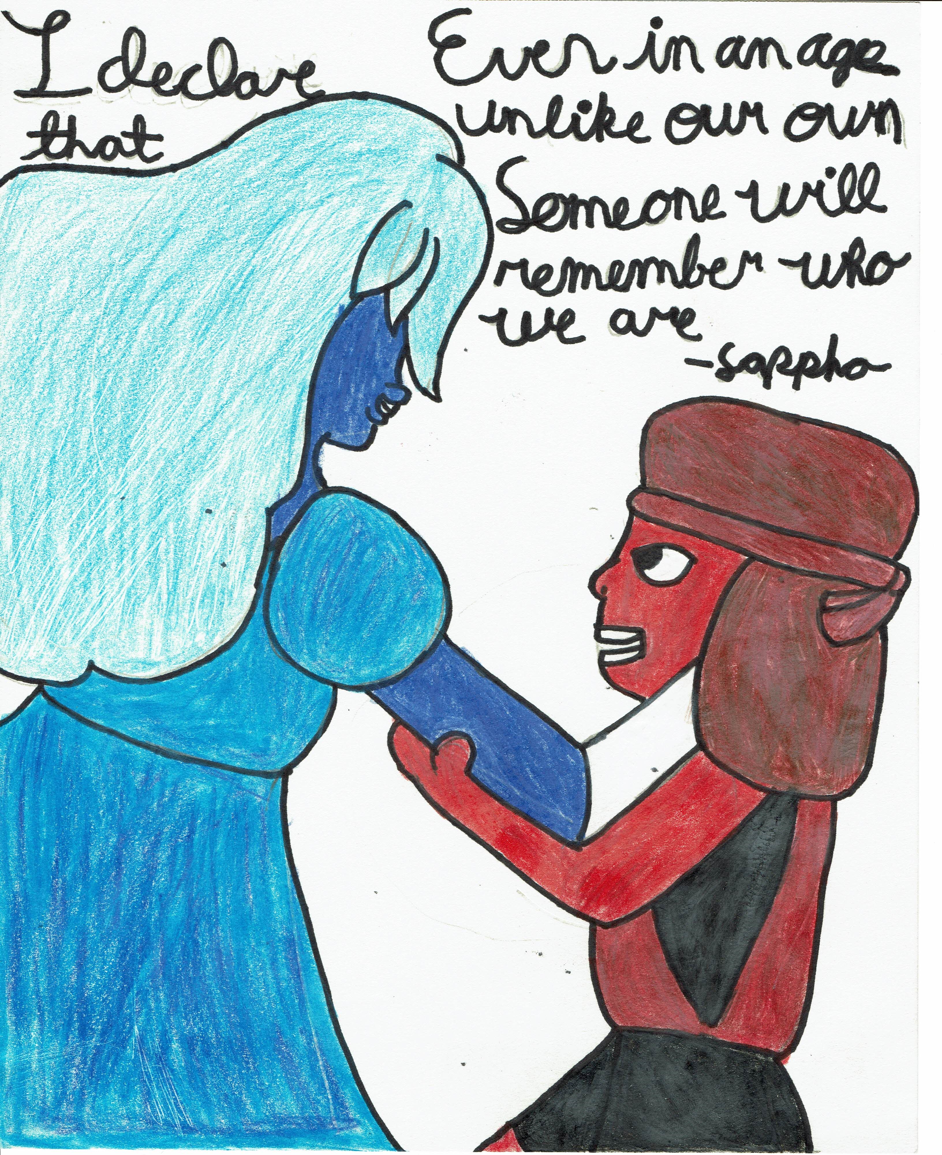 Sharpie art of Sapphire and Ruby from Steven Universe with a quote from Sappho. This show was so much to me as a very repressed bisexual teenager